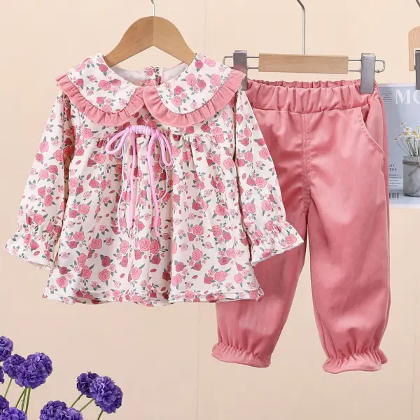 【12M-5Y】2-piece Girls Sweet Floral Print Doll Collar Long Sleeve Shirt And Pants Set - Popopieshop.com 