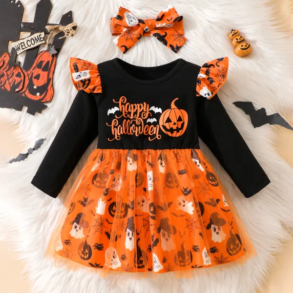 【6M-3Y】2-piece Baby Girls Stylish Halloween Printed Dress With Bow Hair Band - 33501 - Popopieshop.com 