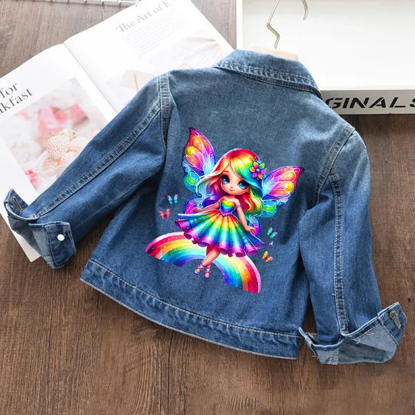 【18M-11Y】Girls Fashion Rainbow Colored Butterfly Elf Print Blue Denim Jacket - Popopieshop.com 