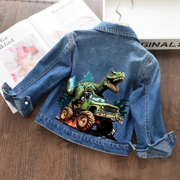 【18M-11Y】Boys Stylish Dinosaur And Car Print Blue Denim Jacket - Popopieshop.com 