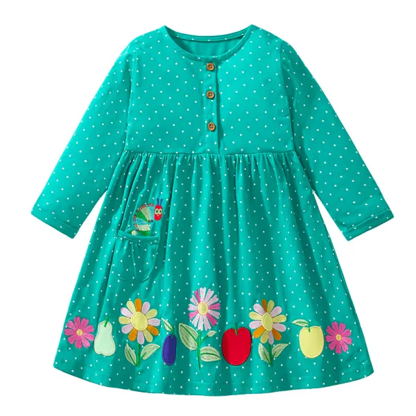 【18M-7Y】Girls Cute Floral Embroidered Green Polka Dot Dress - Popopieshop.com 