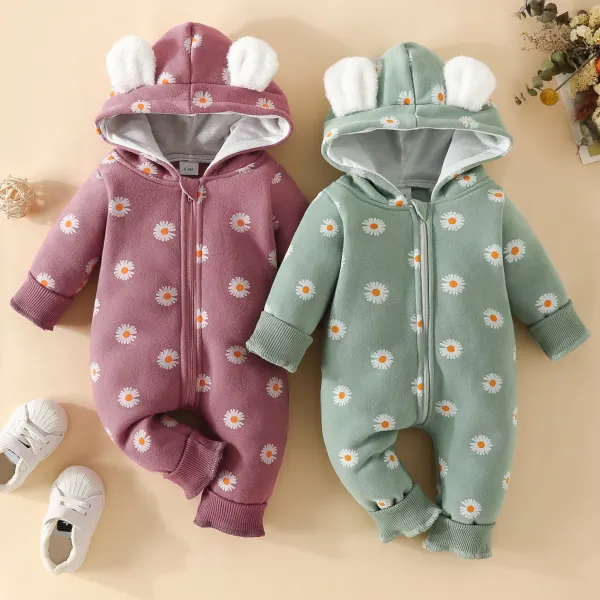 【0M-18M】Baby Girl Cute Floral Print Hooded Romper - Popopieshop.com 