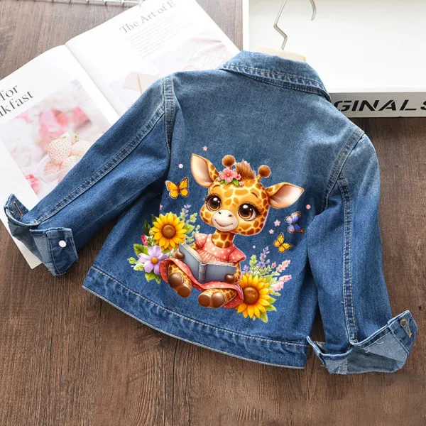 【18M-11Y】Girls Fashion Giraffe With Butterfly And Flowers Print Blue Denim Jacket - Popreal.com 