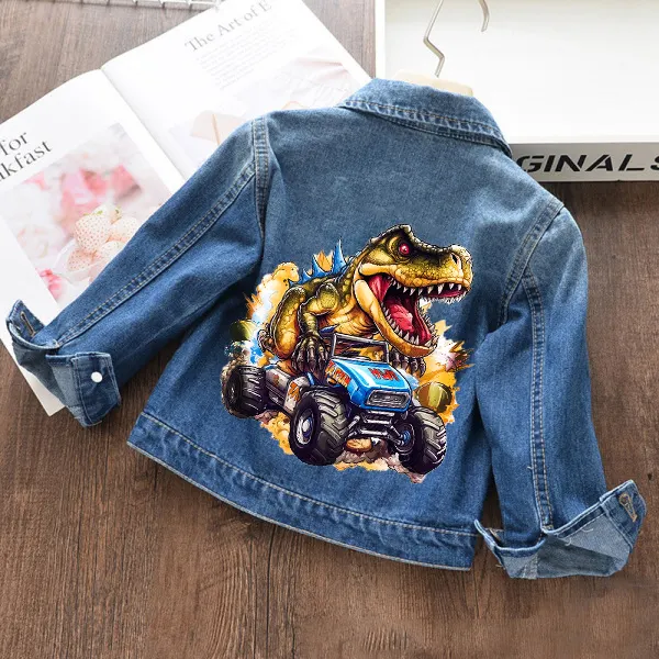 【18M-11Y】Boys Stylish Dinosaur And Car Print Blue Denim Jacket - Popopieshop.com 