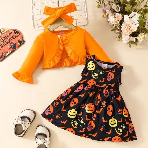 【3M-3Y】3-piece Baby Girls Cute Halloween Print Dress And Orange Ruffle Cardigan Set With Hairband - Popopieshop.com 