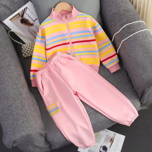 【12M-7Y】2-piece Girls Stylish Colorful Striped Cardigan Sweatshirt And Pants Set - 34704 - Popopieshop.com 