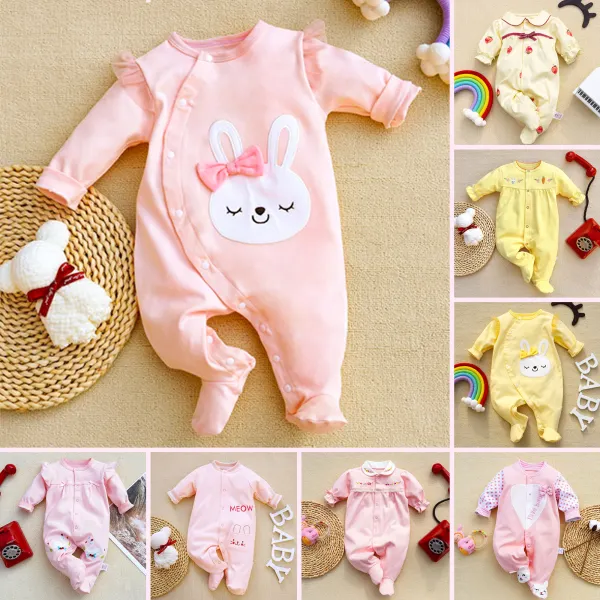 【0M-12M】Baby Girl Cute Cartoon Rabbit And Flower Embroidered One-piece - Popopieshop.com 