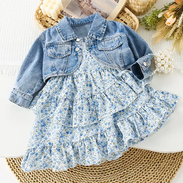 【2Y-8Y】2-piece Girls Fashion Floral Print Sling Dress And Blue Denim Jacket Set - 34723 - Popopieshop.com 