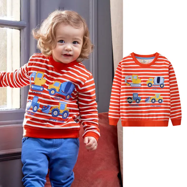 【1Y-7Y】Boys Casual Digger And Construction Vehicle Embroidered Red Striped Sweatshirt - Popopieshop.com 