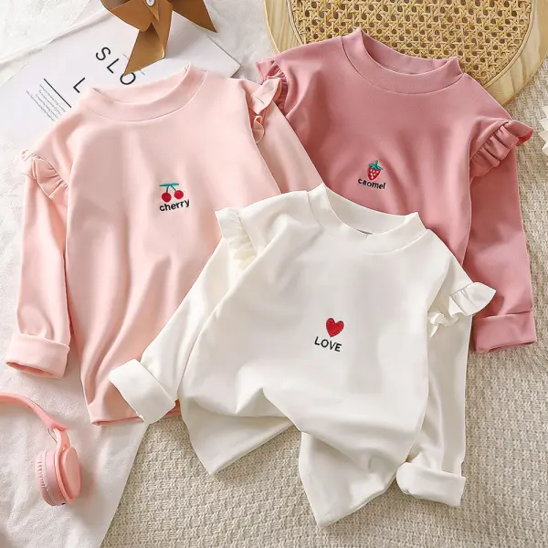 【12M-12Y】Girls Sweet Heart-shaped Embroidered Ruffled Long-sleeved T-shirt - Popopieshop.com 