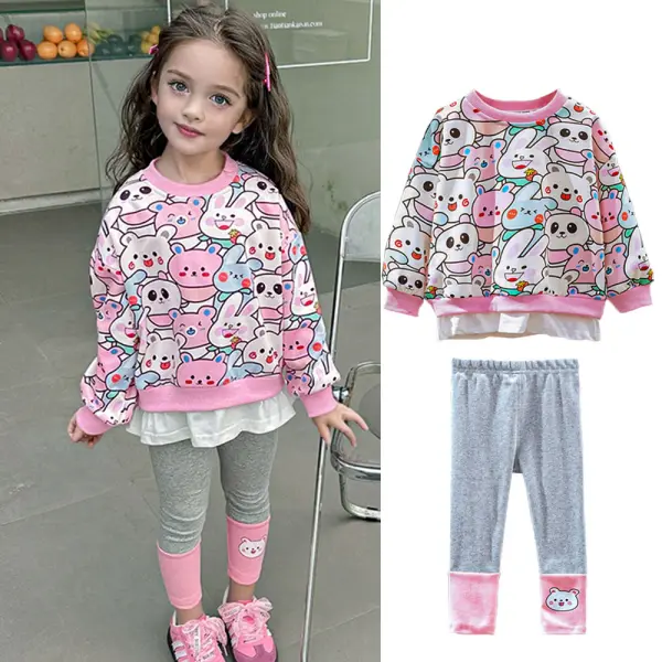 【12M-8Y】2-piece Girls Cute Cartoon Rabbit Print Fake Two-piece Round Neck Sweatshirt And Leggings Set - 34753 - Popopieshop.com 