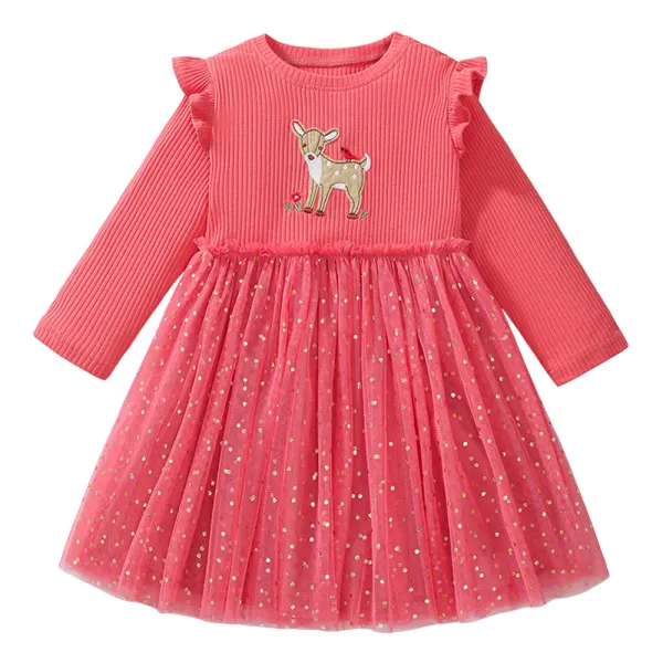 【18M-7Y】Girls Fawn Embroidered Long Sleeve Mesh Dress - Popopieshop.com 