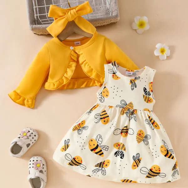 【6M-3Y】3-piece Baby Girls Cute Bee Print Dress And Ruffle Cardigan Set With Hairband - Popopieshop.com 