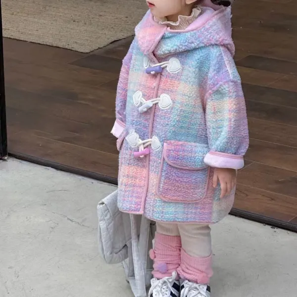 【18M-6Y】Girls Pink Plaid Patterned Thickened Sherpa Hooded Coat - 31131 - Popopieshop.com 