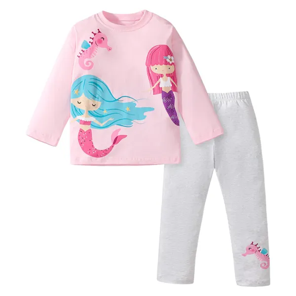 【18M-7Y】2-piece Girls Cotton Pink Mermaid Print Long Sleeve Pajama Set - Popopieshop.com 