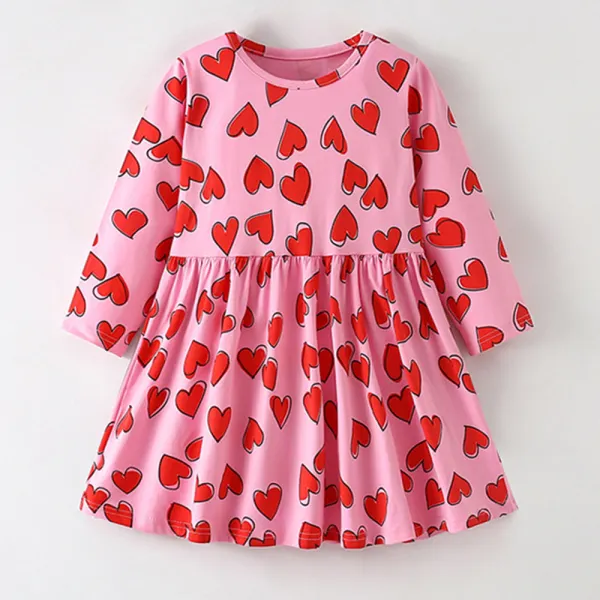 【18M-7Y】Girls Sweet Cotton Heart-shaped Print Long Sleeve Dress - Popopieshop.com 
