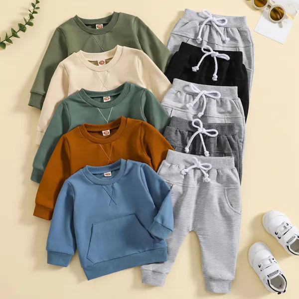 【0M-3Y】Unisex Baby Casual Cotton Solid Color Round Neck Sweatshirt And Pants Set - Popopieshop.com 