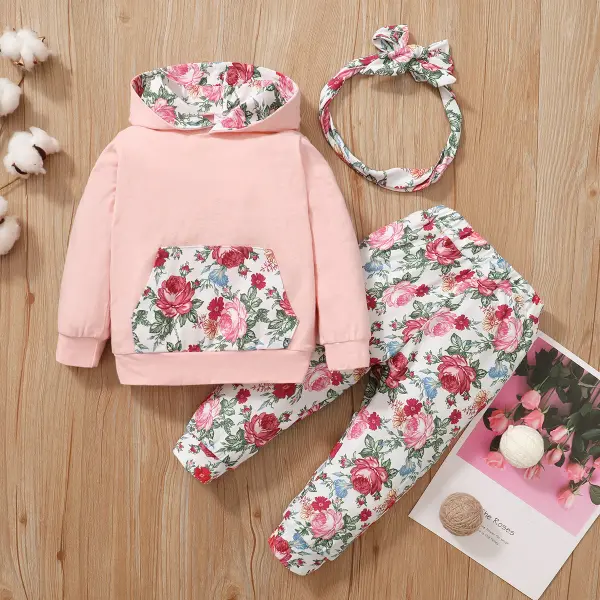【0M-18M】3-piece Baby Girl Cute Floral Print Splicing Hooded Sweatshirt And Pants Set With Headband - Popopieshop.com 