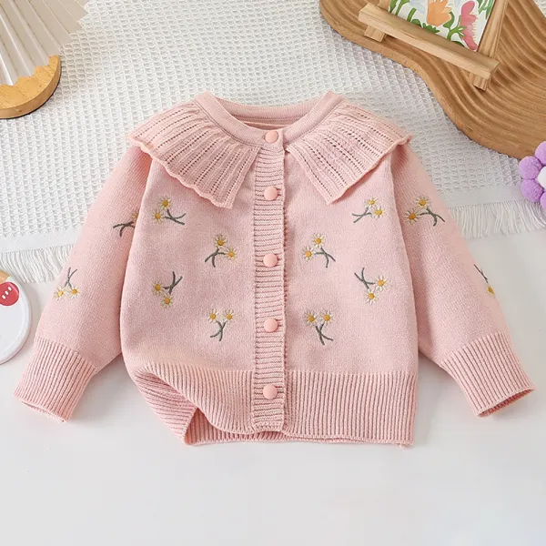【18M-6Y】Girls Flower Embroidered Long Sleeve Sweater Cardigan - Popopieshop.com 