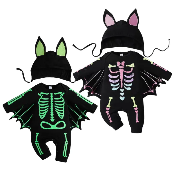 【0M-24M】2-piece Unisex Baby Cute Halloween Bat Print Romper With Hat - Popopieshop.com 