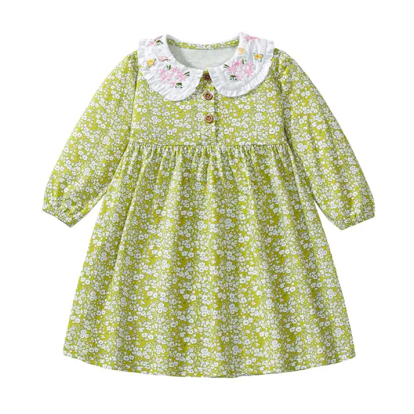 【1Y-7Y】Girls Sweet Floral Embroidery Lapel Green Flower Long Sleeve Dress - Popopieshop.com 