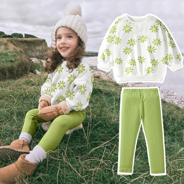 【18M-7Y】2-piece Girls Casual Cotton Floral Print Round Neck Sweatshirt And Leggings Set - 34713 - Popopieshop.com 