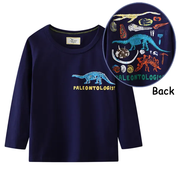 【18M-7Y】Boys Navy Dinosaur Print Round Neck Long Sleeve Shirt - Popopieshop.com 