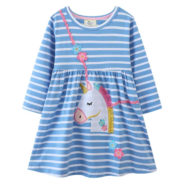 【18M-7Y】Girls Blue Striped Unicorn Embroidered Long Sleeve Dress - Popopieshop.com 