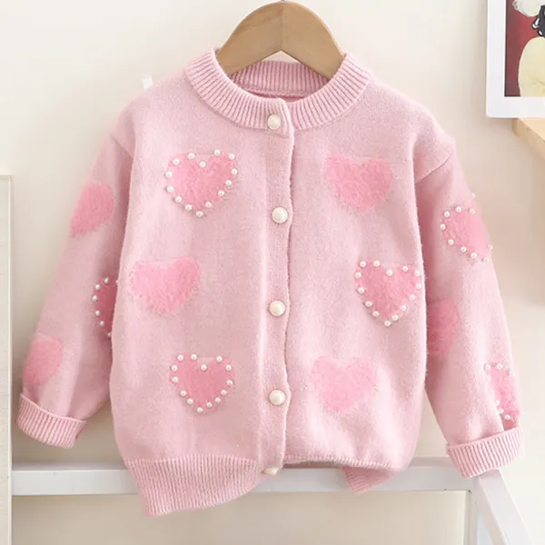 【18M-6Y】Girls Heart Pearl Long Sleeve Sweater Cardigan - Popopieshop.com 