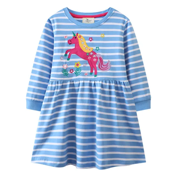 【18M-7Y】Girls Blue Striped Unicorn Embroidered Long Sleeve Dress - Popopieshop.com 