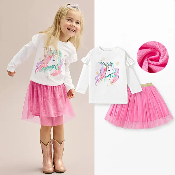 【1Y-7Y】2-piece Girls Stylish Unicorn Print T-shirt And Pink Mesh Skirt Set - Popopieshop.com 