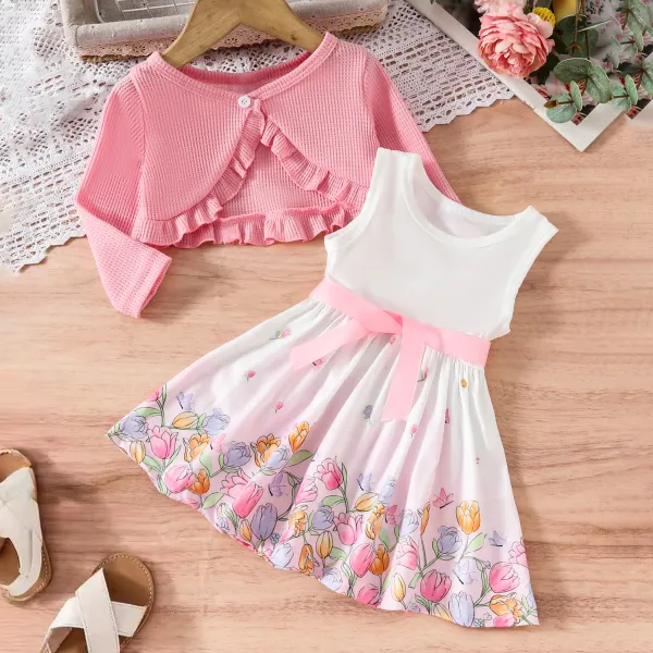 【6M-3Y】2-piece Baby Girl Sweet Pink Print Sleeveless Dress And Purple Ruffle Cardigan Set - Popopieshop.com 