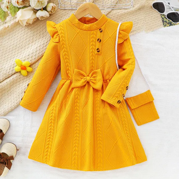 【2Y-7Y】2-piece Girl Stylish Yellow Bow Long Sleeve Dress With Bag - Popopieshop.com 