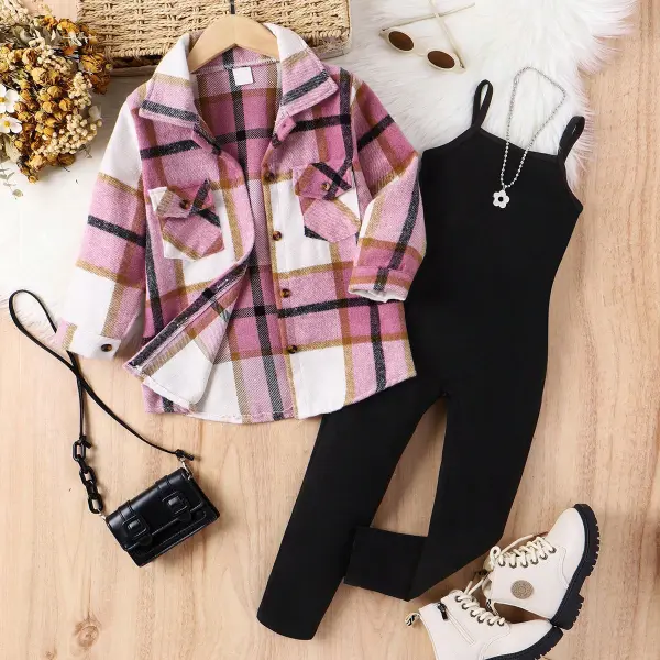 【3Y-7Y】2-piece Girls Fashion Plaid Long Sleeve Lapel Jacket And Black Suspender Jumpsuit Set - Popopieshop.com 