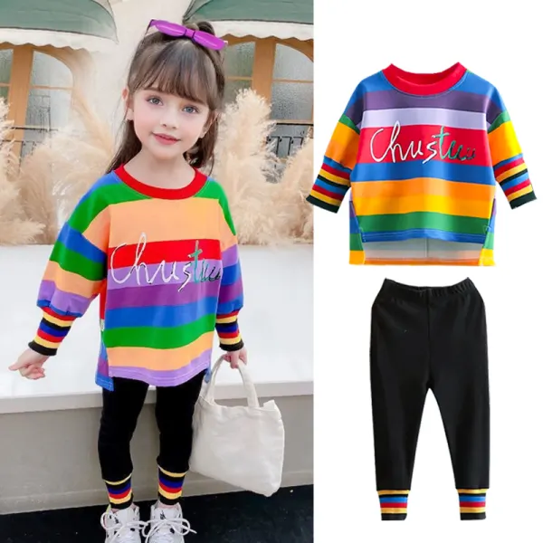 【18M-8Y】2-piece Girls Sweet Cotton Rainbow Stripe Letter Print Sweatshirt And Leggings Set - Popopieshop.com 