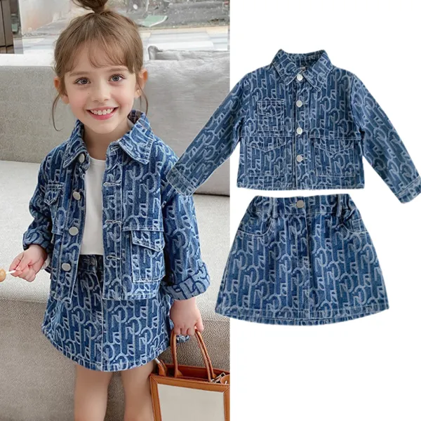 【2Y-8Y】2-piece Girls Letter Denim Jacket And Skirt Set - 34762 - Popopieshop.com 