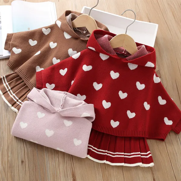 【12M-5Y】2-piece Girls Heart Hooded Sweater And Pleated Skirt Set - Popopieshop.com 
