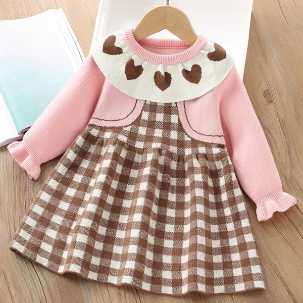 【18M-6Y】Girls Heart Plaid Long Sleeve Sweater Dress - 33494 - Popopieshop.com 