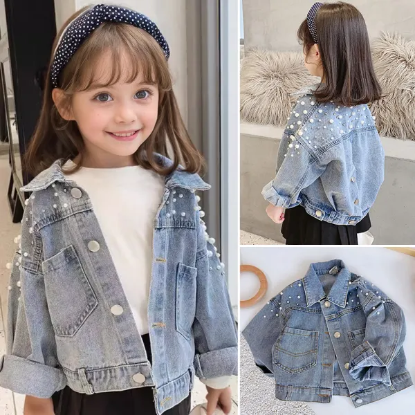 【18M-8Y】Girls Blue Pearl Denim Jacket - Popopieshop.com 