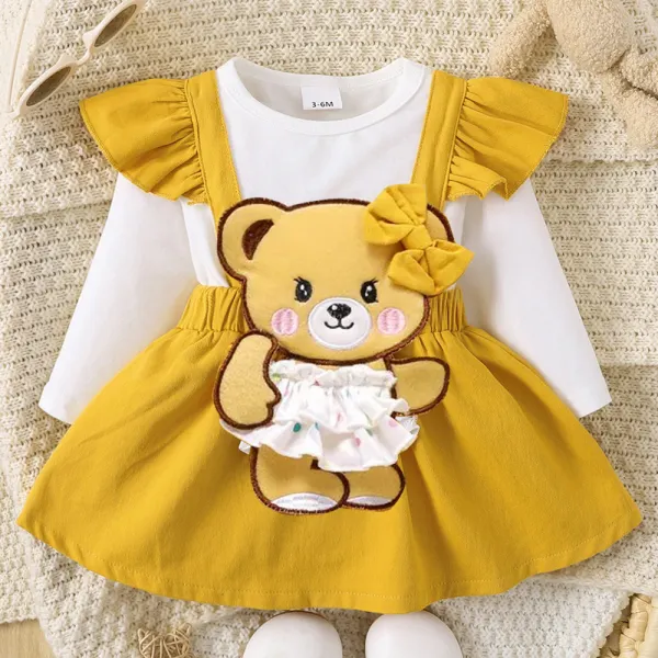 【3M-24M】Baby Girl Yellow Bear Embroidery Fake Two Piece Long Sleeve Dress - Popopieshop.com 