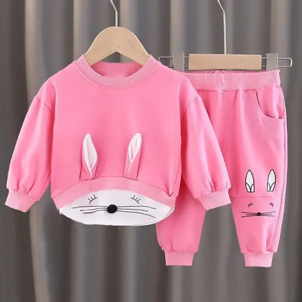 【12M-5Y】2-piece Girls Cute Fake Two Piece Rabbit Print Round Neck Sweatshirt And Pants Set - Popopieshop.com 