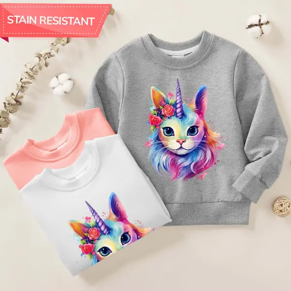 【12M-9Y】Girls Cotton Stain Resistant Unicorn Cat Print Long Sleeve Sweatshirt - Popopieshop.com 