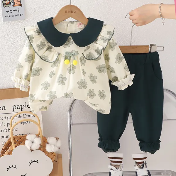 【12M-5Y】2-piece Girls Sweet Floral Print Dollar Collar ColorBlock Top And Pants Set - Popopieshop.com 