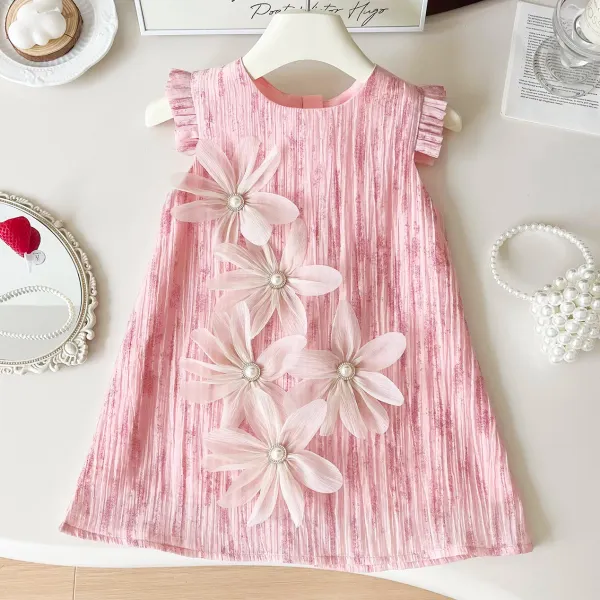 【18M-8Y】Girls Sweet Floral Embroidery Round Neck Pink Dress - Popopieshop.com 