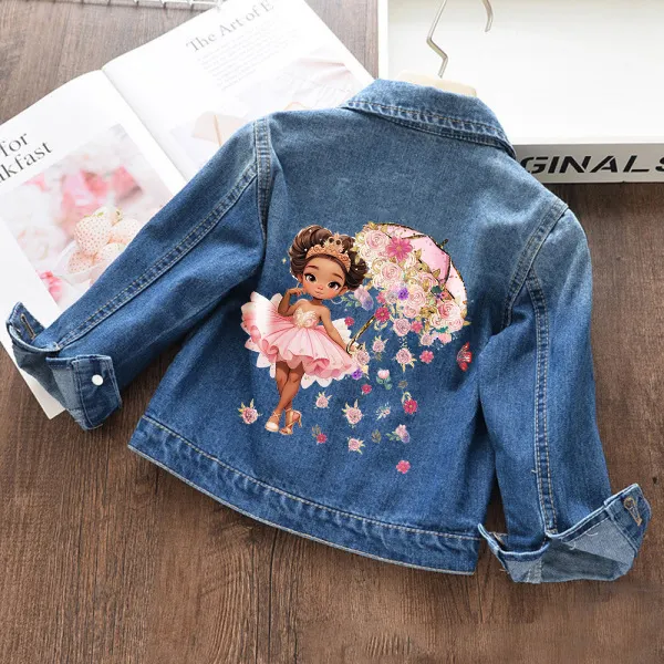 【18M-11Y】Girls Fashion Cartoon Girl With Flower Umbrella Print Blue Denim Jacket - Popopieshop.com 