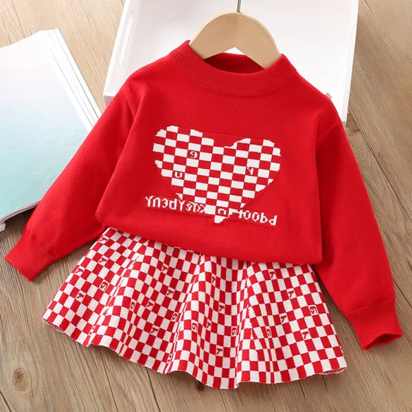 【18M-6Y】2-piece Girls Heart Pattern Long Sleeve Sweater And Plaid Skirt Set - Popopieshop.com 