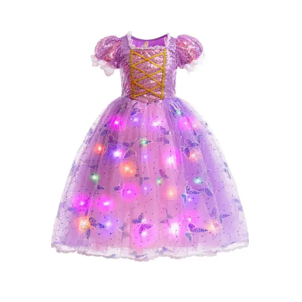 【2Y-8Y】Girls Fashionable Butterfly Embroidered Purple Halloween LED Glow-in-the-Dark Party Dress - Popopieshop.com 
