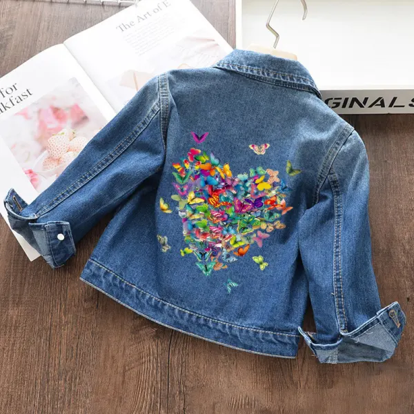 【18M-11Y】Girls Fashion Heart Shaped Butterfly Print Blue Denim Jacket - Thepopopie.com 