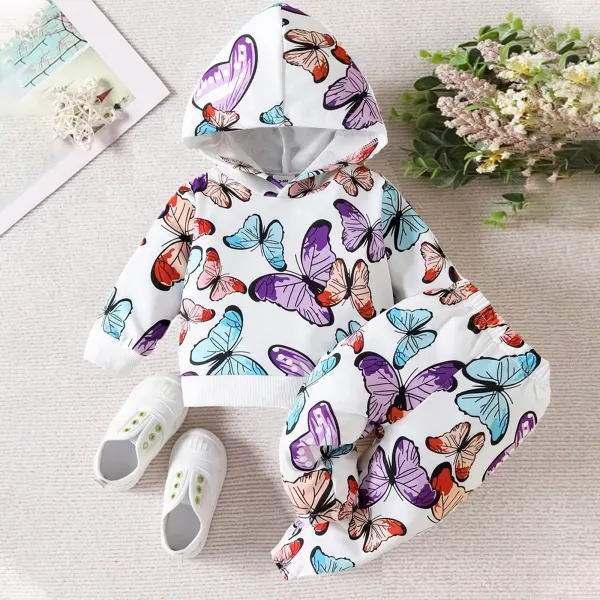 【3M-24M】2-piece Baby Girl Butterfly Print Hooded Sweatshirt And Pants Set - Popopieshop.com 