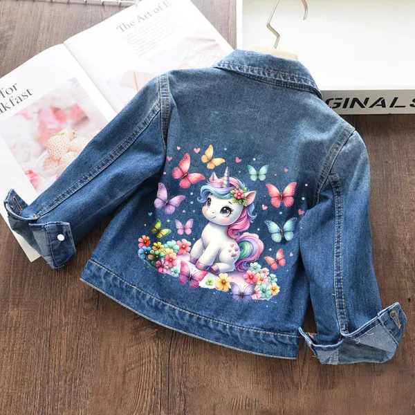 【18M-11Y】Girls Butterfly Unicorn Print Denim Jacket - Popopieshop.com 